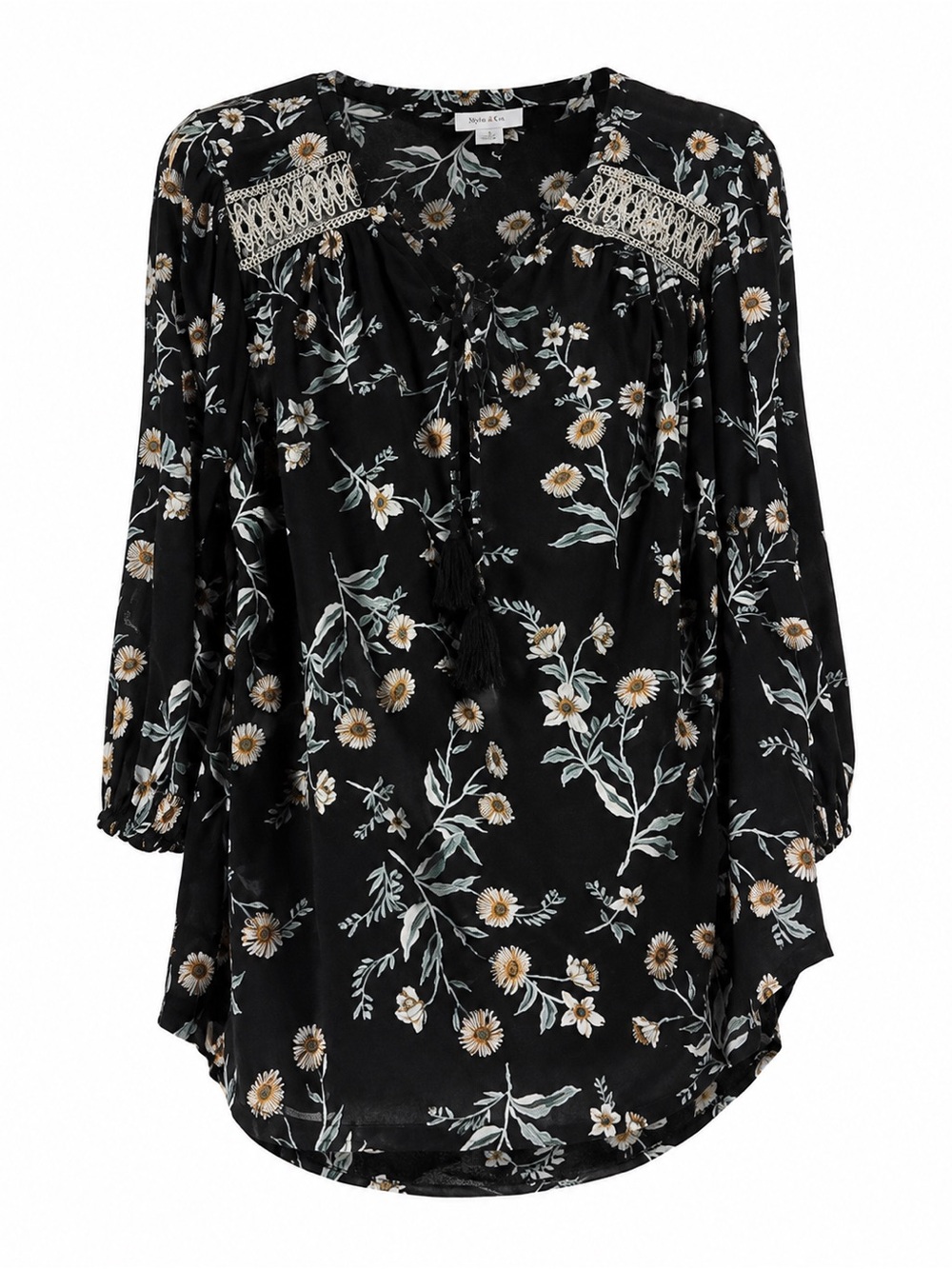 Black Floral Peasant Blouse with Lace Trim